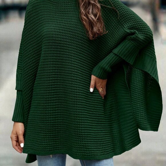 Dark Green Casual Women's Turtleneck Batwing Sleeve Poncho Sweater top - Picture 7 of 7